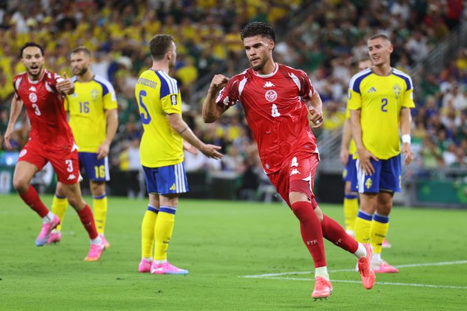 Cầu thủ Tunisia Omar Rekik ăn mừng bàn thắng tại World Cup 2026