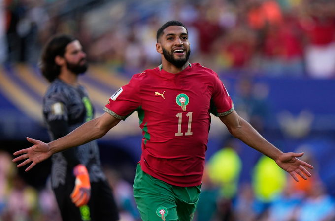 Ismael Saibari ăn mừng bàn mở tỷ số trong trận Morocco hòa Brazil 1-1 ở bảng C World Cup 2026