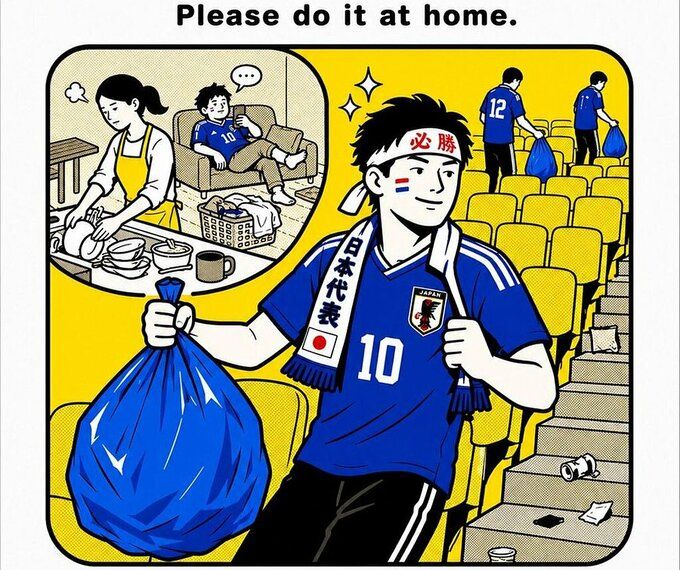Áp phích chế kêu gọi đàn ông Nhật Bản làm việc nhà thay vì chỉ nhặt rác ở World Cup