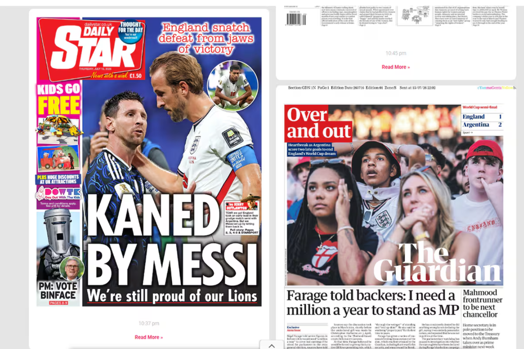Trang nhất báo Daily Star và The Guardian về trận Argentina vs Anh World Cup 2026